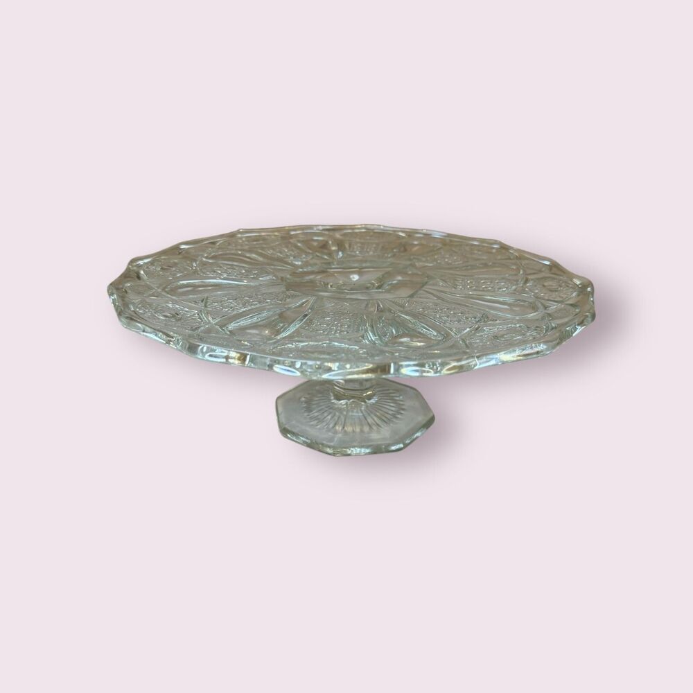 VTG MCKEE GLASS CO. CAKE PLATE STAND “QUINTEC” CLEAR ROUND FOOTED ELEGANT 12IN
